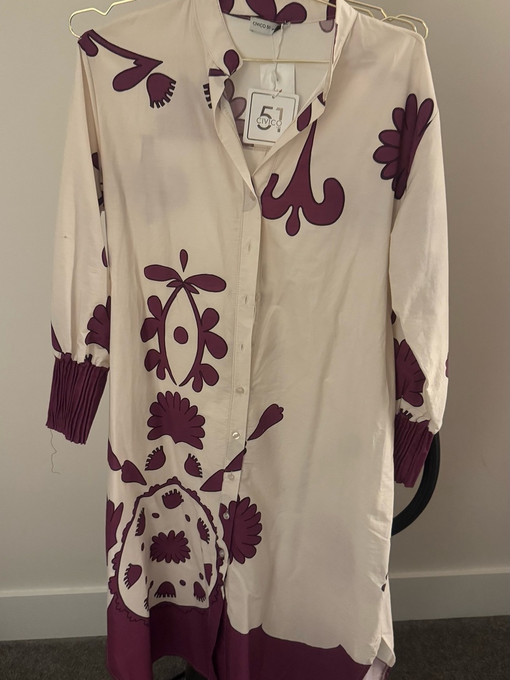Italian Long-Sleeve Cream Shift Dress with Plum Floral Print